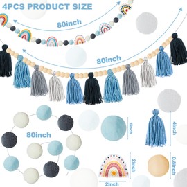 4 Pcs Boho Felt Banner Classroom Tassel Garland Felt Rainbow Decoration Colorful Pom Pom Garland Wall Hanging Decor for Back to School Supplies First Day Of School Nursery Bedroom Birthday Party(Blue)