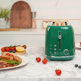 Roter Mond 4 Slice Toaster Retro Stainless Steel Toaster with Bagel, Cancel, Defrost Function and 6 Bread Shade Settings Bread Machine, Long Extra Wide Slots and Removable Crumb Tray, Green