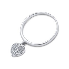Romantic Dangle Charm CZ Pave Heart Ring For Women Girlfriend .925 Sterling Silver Polished 1MM Band