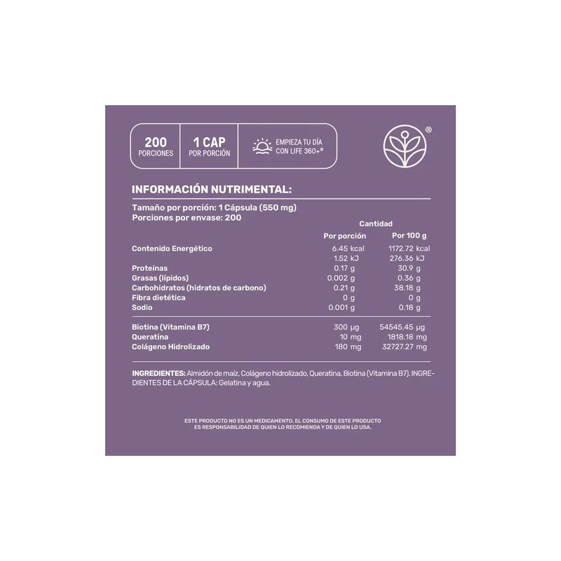 Biotina y Queratina Life 360+ Colageno Hidrolizado 200 cápsulas