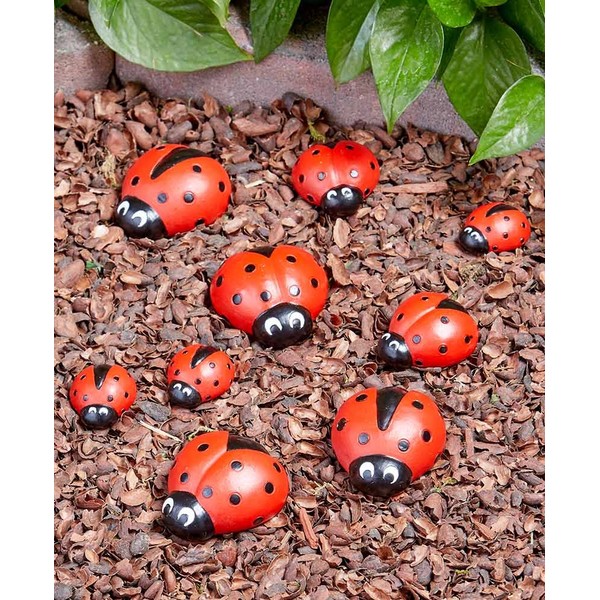 The Lakeside Collection Ladybug Garden Stones - Decorative Outdoor Ornaments - Set of 9