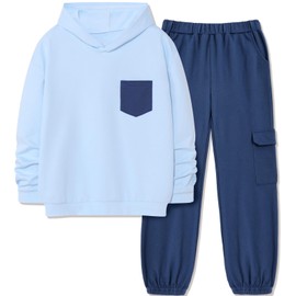 Hipea Boys Clothing Solid Blue Long Sleeve Hooded Sweatshirt with Chest Pocket Cargo Pants with Side Pockets 2PCS Boys Outfits Size 10-12 Youth Sets