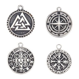 DICOSMETIC 4Pcs 4 Styles Valknut Rune Pendant Set Antique Silver Viking Valknut Pendants Flat Round Norse Pagan Jewelry Stainless Steel Charms for Jewelry Crafts Making, Hole: 1.6~2mm, Stainless