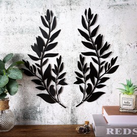 2 Pieces Metal Tree Leaf Wall Decor Vine Olive Branch Leaf Wall Art Black Wrought Iron Scroll Sculptures Metal Leaf Wall Scroll Branch Wall Sculptures for Living Room Indoor Outdoor Decoration