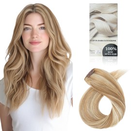 Clip in Hair Extensions Real Human Hair Golden Brown mix Bleach Blonde 5 PCS Clip in Human Hair Extensions 18 Inch Real Remy Hair Extentions Seamless Thin Weft Invisible Human Hair Extensions Clip in