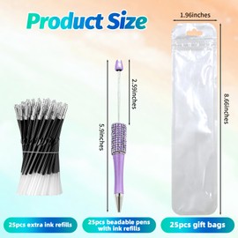 DASTTUIS 75 Pieces DIY Beadable Pens Kit - 25 Plastic Diamond Beadable Pens Bulk, Refills & Pen Bags Included - Black Ink Pens for Beads Cute Pens Bulk - Pen Making Kit for Students and Teachers