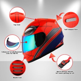 1Storm Youth Kids Motorcycle Full Face Helmet Street Bike BMX MX Spider Red + MG Youth Glove Bundle