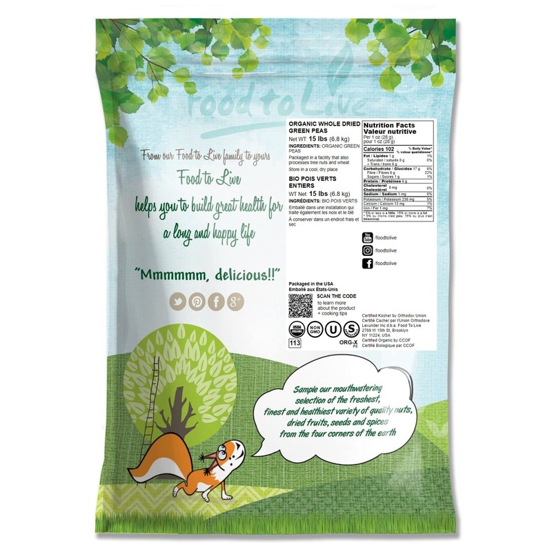 Food to Live Organic Whole Dried Green Peas, 15 Pounds