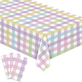 Buxiuer Easter Buffalo Check Plaid Tablecloth Plastic Gingham Spring Holiday Party Decoration Disposable Table Cloth Dining Room Kitchen Decor 54 x108 Inch -Pack of 3 (Pastel)