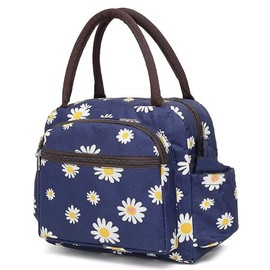 Large Capacity Lunch Bag, Picaru Meal Prep Bag Durable Waterproof Lunch Bag with Bottle Holder Stainless Steel Straws for Women Adults Girls, 9.4×3.9×8.3 inches/24×10×21 cm (Flower)