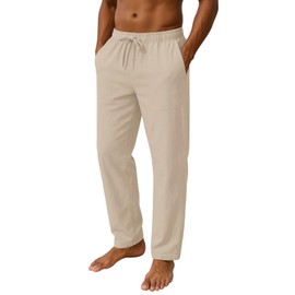 Lasjixion Mens Cotton Linen Pants Loose Fit Drawstring Summer Casual Beach Yoga Pants for Men Light Khaki