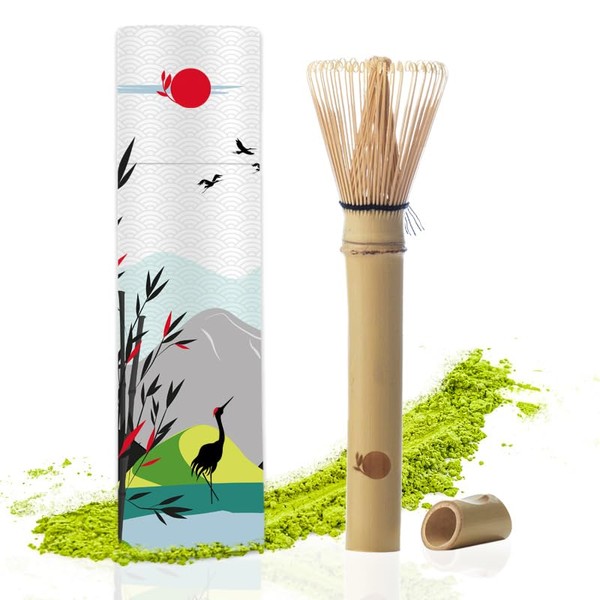ORIGEENS Matcha Bamboo Broom with Long Handle - Small Traditional Chasen Bamboo Broom for Preparing Matcha Latte/Tea Ceremony - Matcha Whisk for on the Go