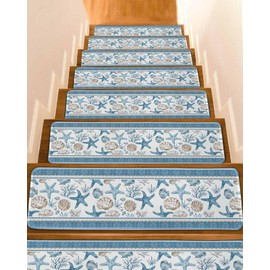 Stair Treads for Wooden Steps,Ocean Starfish Coastal Coral Summer Nautical Non Slip Stair Carpet Indoor Stair Runner Staircase Step Treads,Beach Shells Blue Stair Mat 8x30in 15 Pcs