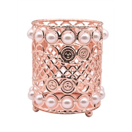 Gullor Handmade Beads Makeup Brush Holder Organiser Eyebrow Comb Brush Pen Cosmetic Storage Box for Vanity Bathroom Bedroom Office Desk Rose Gold