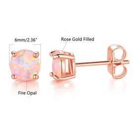 MDFUN Rose Gold Tone Round Brilliant White Opal Stud Earrings (6mm)