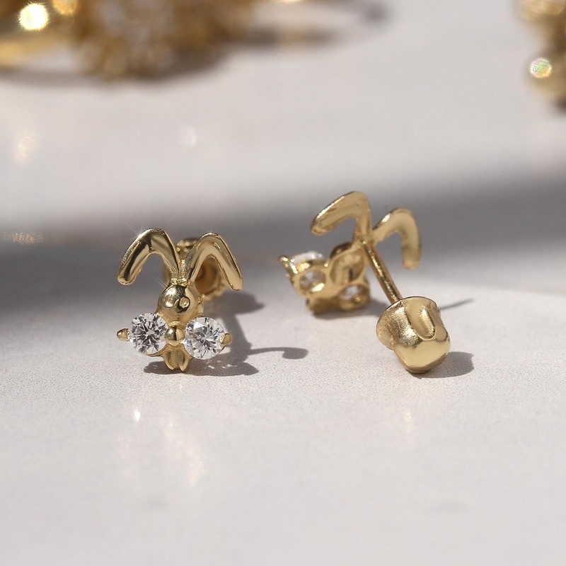 14K Yellow Gold Bunny Face Screwback Stud Earrings