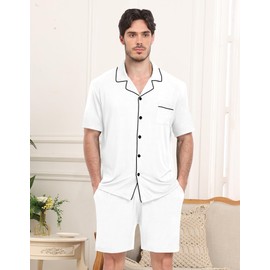YOPUGEE Matching Pajamas for Couples Mens Summer Pjs Shorts Sets 2 Piece Button Down Loungewear S-XXXL White