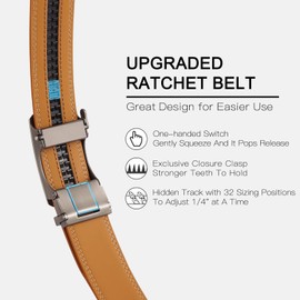 Men's Leather Belt Automatic Ratchet Buckle Slide Belt for Dress Casual Trim to Fit with Gift Box