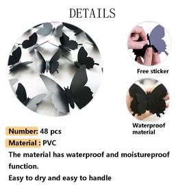 48 Pieces 3D Black Butterfly Wall Decoration Removable Wall Stickers Wall Stickers for Home and Room Decoration