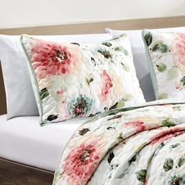 ESCA 3-Piece LAHJA White Red Green Peony Flower Floral Reversible Bed Bedding Bedspread Coverlet Quilt Set with 2 Pillow Shams - Full/Queen Size