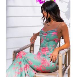 GRMLRPT Women's Floral Bodycon Maxi Dress Spaghetti Strap Sexy Long Dress 2024 Summer Backless Wedding Guest Cocktail Dress Green