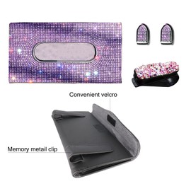 Car Visor Tissue Box Holder, Bling Crystals PU Leather Napkin Holder, Glitter Car Visor Accessories with Sparkly Mask Hook Clip for Women, Gift for Christmas Thanksgiving (Purple 4 pcs)