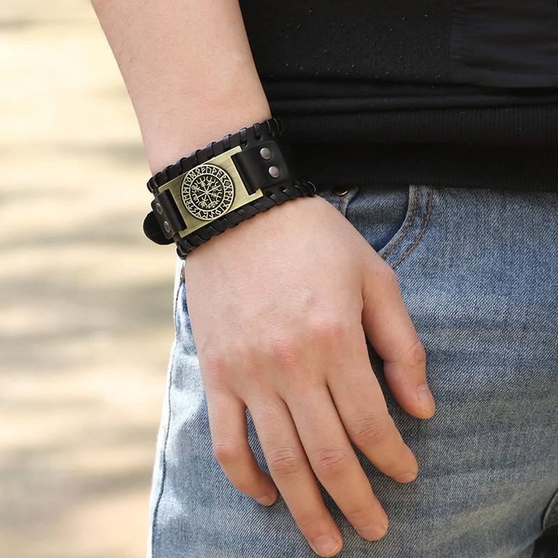 Thajaling Antique Men's Black Leather Cuff Bracelet, Leather Wrist Band