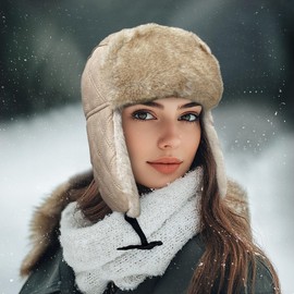 Croogo Men's Trapper Hat Aviator Hat Faux Leather Pilot Cap Winter Trooper Hunting Hat Warm Windproof Russian Hat,Khaki-DPL10