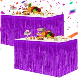 BEISHIDA 2 Pack Dark Purple Table Skirts Party Decorations Metallic Tinsel Foil Fringe Table Skirts Table Decors for Rectangle and Round Table Birthday Holiday Party Cartoon Party