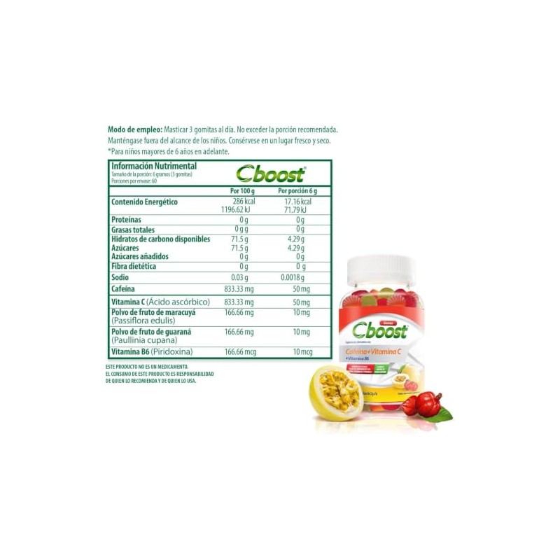 Cboost - Gomitas Cafeína 50mg, Vitamina C y B6, Maracuyá