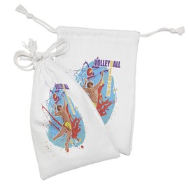 Ambesonne Beach Fabric Pouch Set of 2, Vector Illustration of a Man Serving an Overhead Ball in Beach Volley Print, Small Drawstring Bag for Toiletries Masks and Favors, 9" x 6", Sky Blue and Red