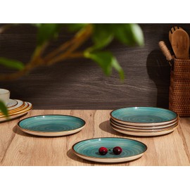 ONEMORE Ceramic Dinner Plates Set of 6, 8.5 inch Small Stoneware Plates for Appetizer, Salad and Dessert. Oven, Microwave and Dishwasher Safe Plate, Stackable, Rustic Kitchen Porcelain Dish, Teal