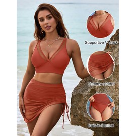 Blooming Jelly Womens Swim Dress Skirt High Waisted Bikini Sets Tummy Control Swimsuit Two Piece Bathing Suit (M, Brick Red)