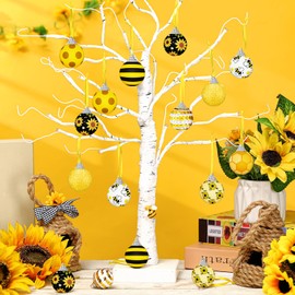 Riceshoot 16 Pcs Summer Tree Ornaments Fall Ornaments for Tree Sequin Ball Ornaments Holiday Bee Maple Hanging Decorations for Summer Fall Thanksgiving Home Decor Favors (Bee)
