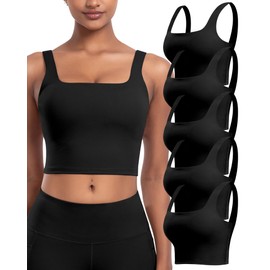 Womens Sports Bras 5 Packs - Square Neck Longline Workout Crop Tank Tops Padded Yoga Camisole with Built in Pads (5Black, XL)