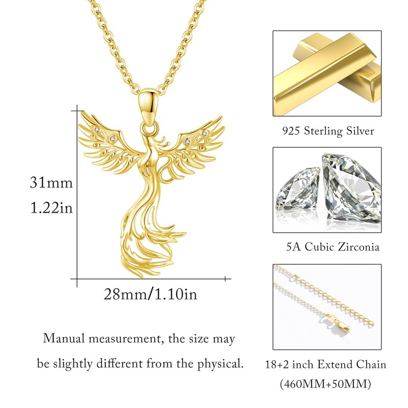 XIXLES Phoenix Necklace 925 Sterling Silver Phoenix Pendant Necklaces Gold
