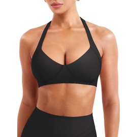 YEOREO Women Halter Sports Bra Light Support V Neck Padded Strappy Open Back Workout Gym Tops Black L