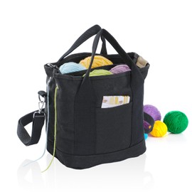 GNEGNI LIFE Canvas Crochet Tote Bag, Portable Knitting Bag for Yarn Storage Yarn Storage Organizer for Crochet Accessories, Knitting Needles, Crochet Hooks (Black)