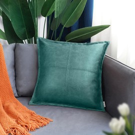 BRAWARM Teal Leather Throw Pillow 20 X 20 Inches, Faux Leather Pillow Cover with Piping, Hand Stitched Leather Decorative Throw Pillow Covers for Couch Sofa Bed Living Room Garden