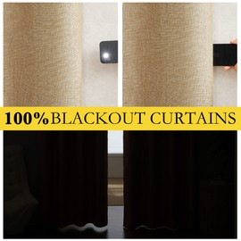 NICETOWN 100% Absolutely Blackout Linen Curtains with Thermal Insulated White Liner, Camel, W52 x L84, 2 Panels, Long Curtains 84 inch Length for Patio Door, Doorway, Office, Overnight Shiftworker