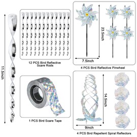 NOVWANG Bird Deterrents Devices Outdoor Set, 12 Bird Reflective Scare Rods 4 Bird Driving Windmills with Stakes 4 Bird Driving Spiral Reflector, and 1 Roll Reflective Ribbon to Keep Birds Away