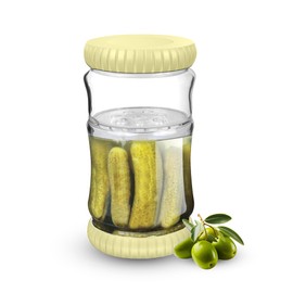 Pickle and Olive Glass Hourglass Jar with Strainer Flip - BPA-Free, Upgraded Food-Grade ABS Lid, Airtight One-Piece Storage for Wet and Dry Separation (8 holes-yellow)