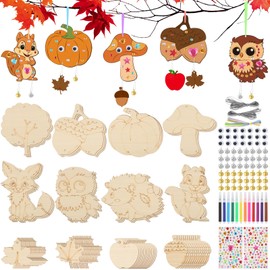 72 Pieces Wind Chime Craft Set Children, Wooden Painting Wind Chime Crafts, Autumn Crafts for Children, Wind Chime Kids Craft Set Autumn Decoration Birthday Gifts for Boys Girls, Holiday Crafts