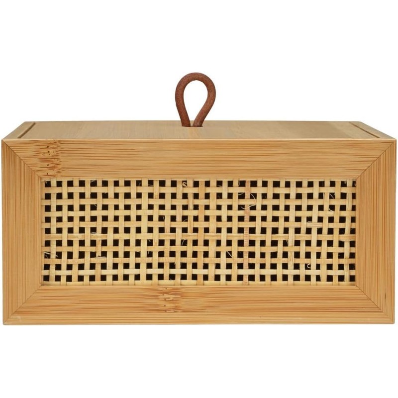 Bamboo Storage Box with Rattan Mesh Panel, Decorative Container for