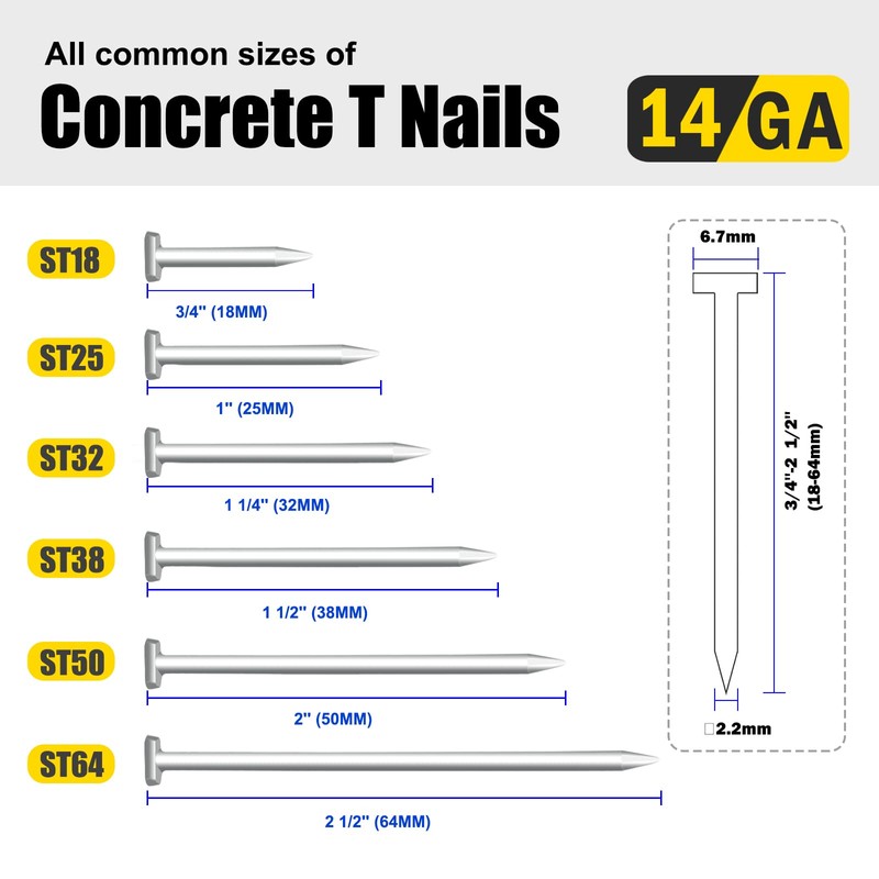 KIMSING 14 Gauge 3/4'' Length Concrete Nails Concrete T-Nails for