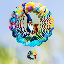 Gnomes Hanging Wind Spinners,12 Inch 3D Garden Spinner Kinetic Art Garden Decorations，Stainless Steel Reflective Wind Spinners for Yard and Garden