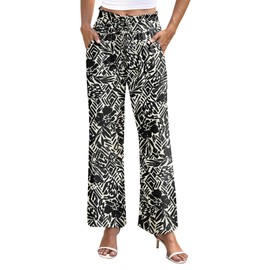 NILOUFO Women's High Waist Wide Leg Pants Elastic Drawstring Casual Loose Flowy Trousers with Pockets (Printed Black White, Large)