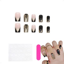 Auriselle Press on Nails Long 24 Pieces French False Long Square Nails Black and Gold Glitter on Nails, Perfect for Manicure at Home