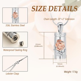 Minicremation Rose Flower Urn Necklace for Ashes Stainless Steel Cylinder Vial Urn Necklace for Women Men Ashes Necklace Memorial Keepsake Jewelry Gifts