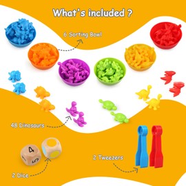 LEADSTAR Montessori Counting Toys,58pcs Rainbow Counting Dinosaurs with Matching Bowl Dices and Tweezers,Montessori Sorting Toys Perfect Math Skills Games Educational Toys for 3 4 5 Years Old